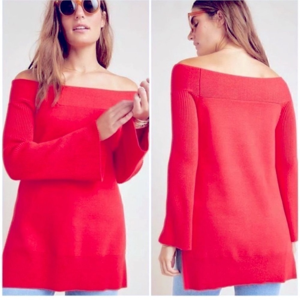 Anthropologie sweater off the shoulder pink tunic flare sleeves small